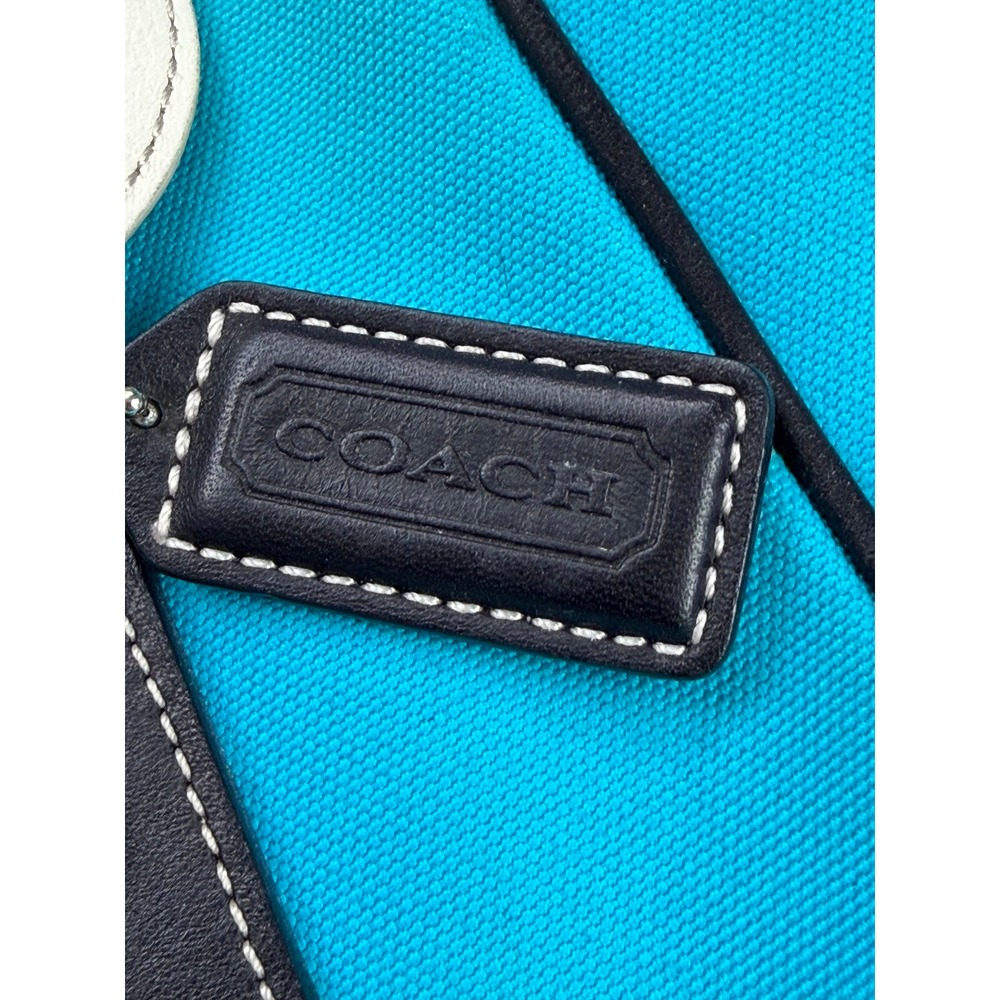 Coach Tote Bag Turquoise Canvas Black Leather CFDA Breast Cancer Charm - Picture 3 of 16